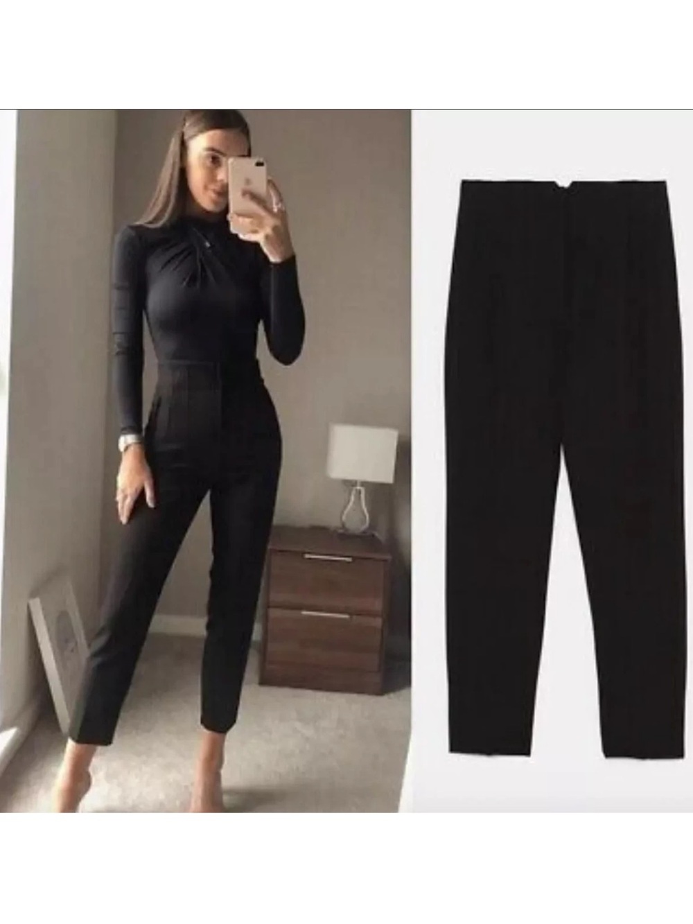 ZARA Black High Waisted Pronounced Seam Crop Tailored Classic Ankle Pants L/W30